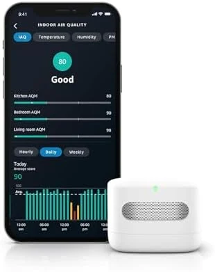Amazon Smart Air Quality Monitor beside its indoor air quality app