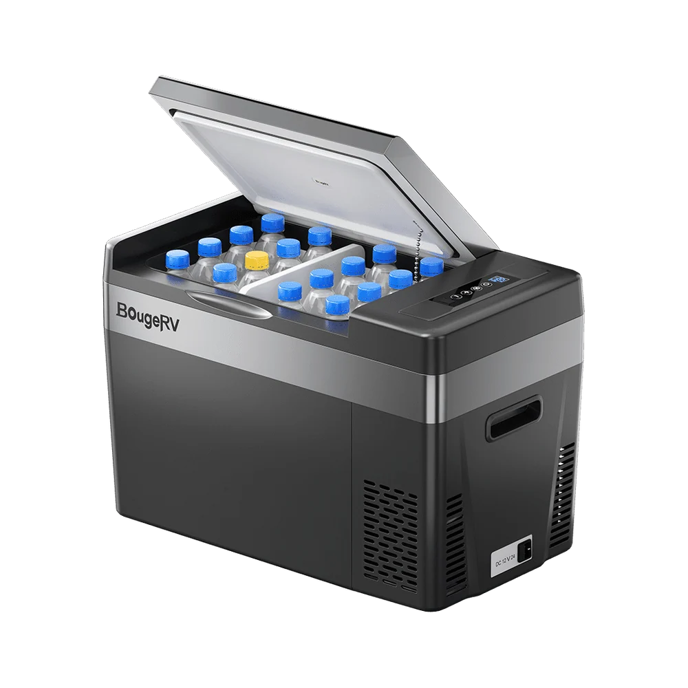 BougeRV 30-quart portable car refrigerator in black with its lid open