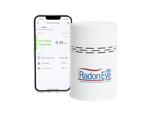 Ecosense RadonEye RD200 radon monitor beside the mobile app