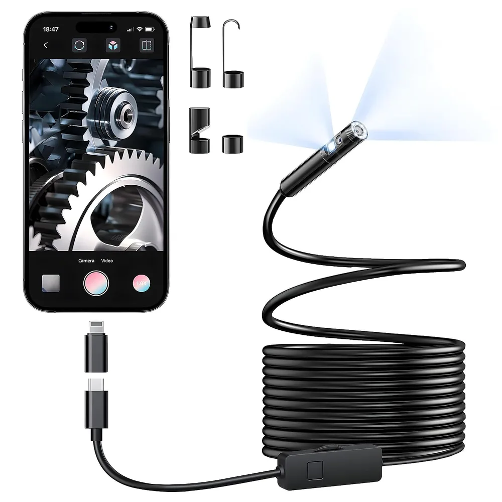 Elecshion C-E64 dual-lens phone endoscope with long semi-rigid cable, phone interface, and accessories
