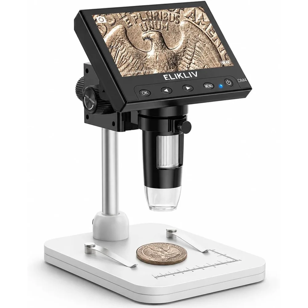 Elikliv EDM4 digital coin microscope with 4.3-inch screen, stand, and inspection base