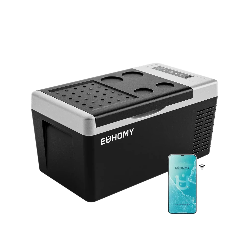 EUHOMY 19-quart portable refrigerator shown with its phone-control app
