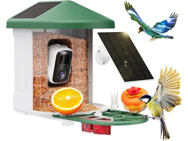 HARYMOR smart bird feeder with camera, green solar roof, and external solar panel