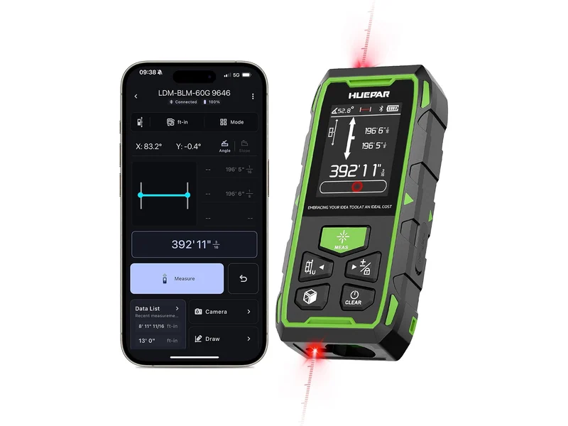Huepar dual-laser distance meter beside the connected mobile-app measurement screen