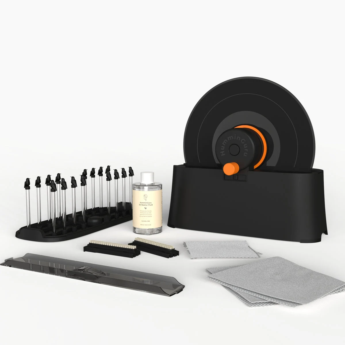 HumminGuru EZ manual record washer kit with clamp, brushes, fluid, cloths, and drying rack