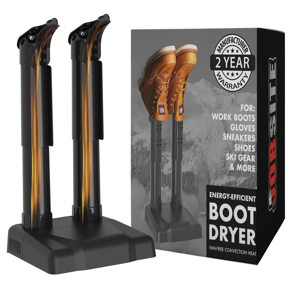JobSite Silent Boot Dryer with black base and two tall drying tubes