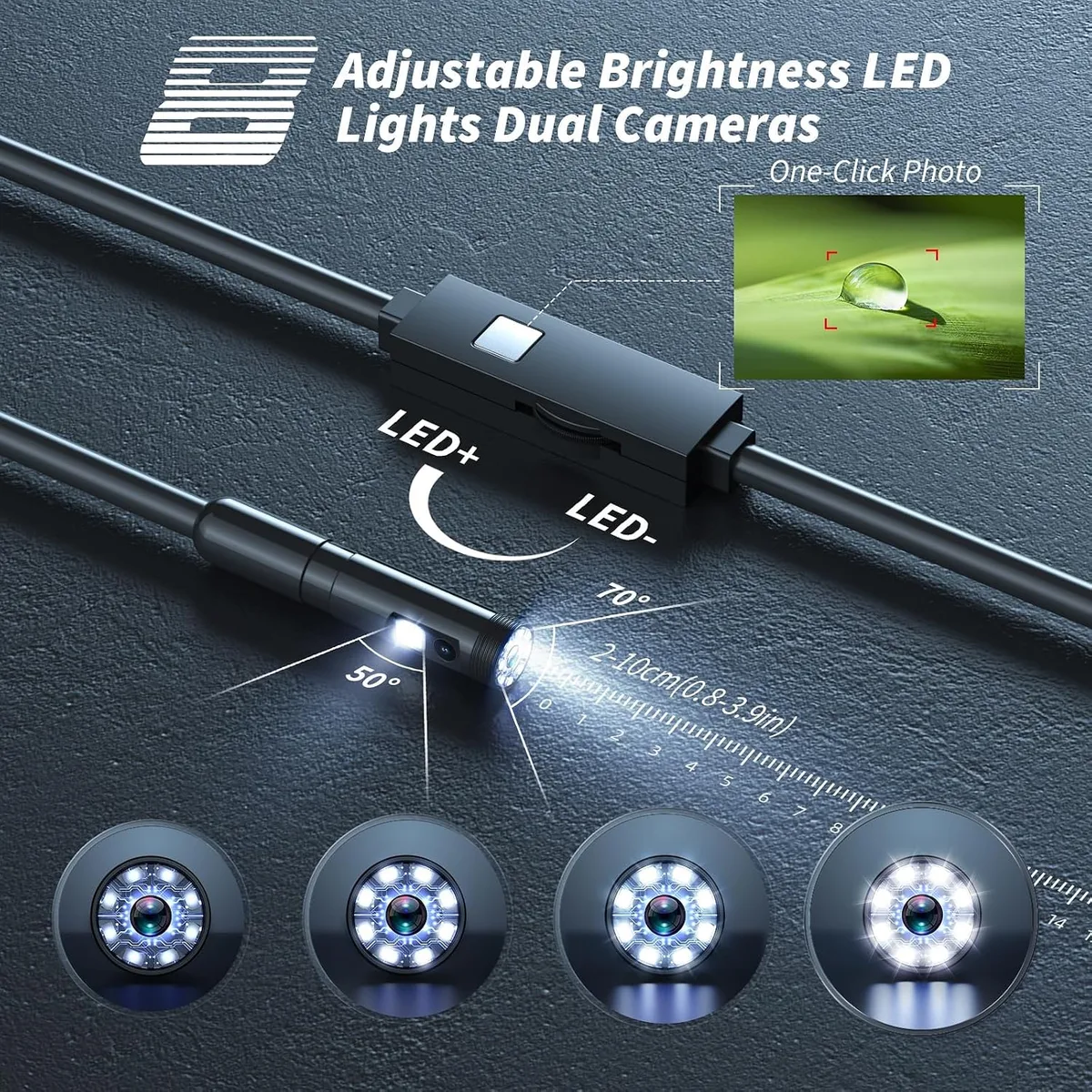 Kinpthy W400-B25 phone borescope showing the dual-lens probe, adjustable LEDs, and inline controls