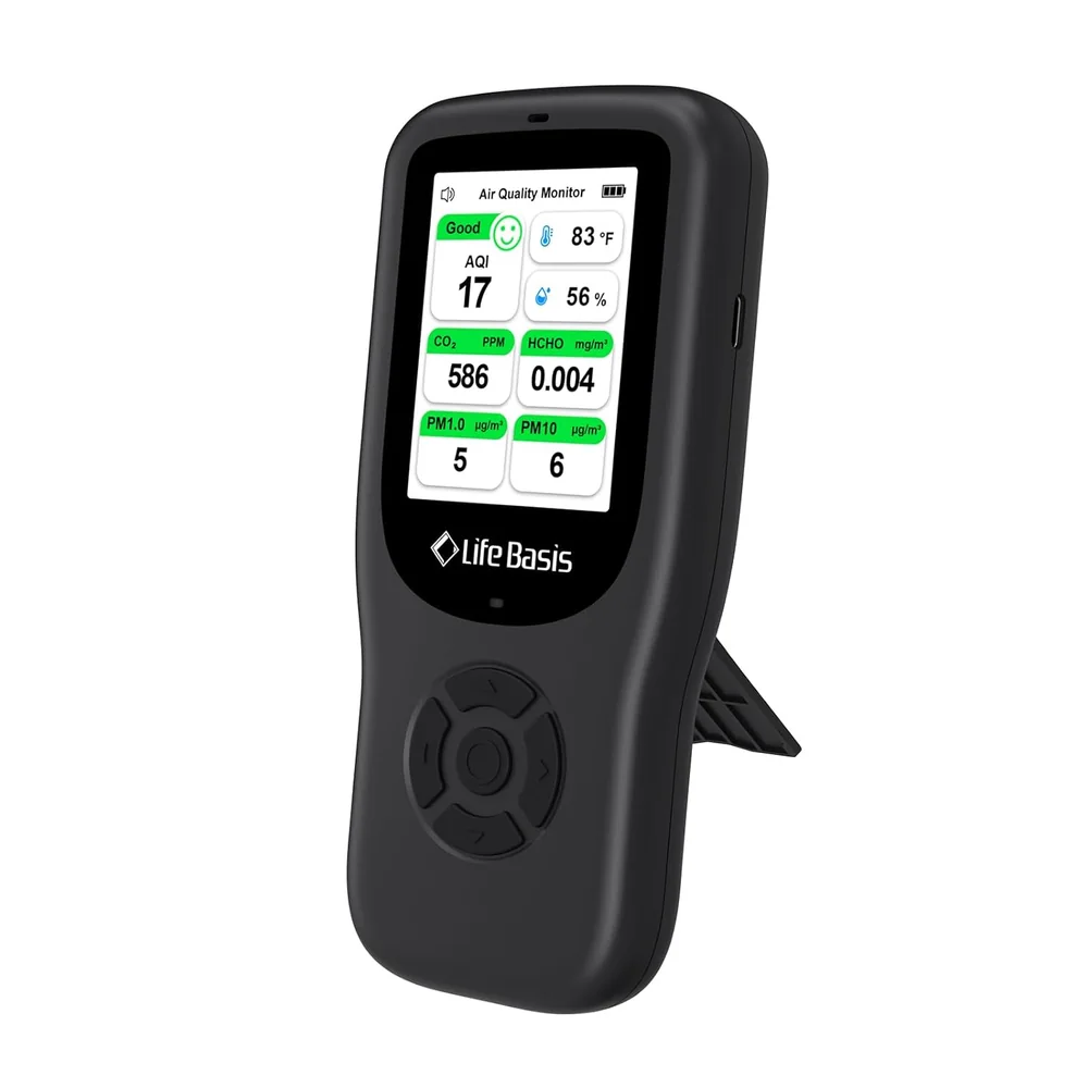 Black LifeBasis 11-in-1 indoor air quality monitor with color display and fold-out stand