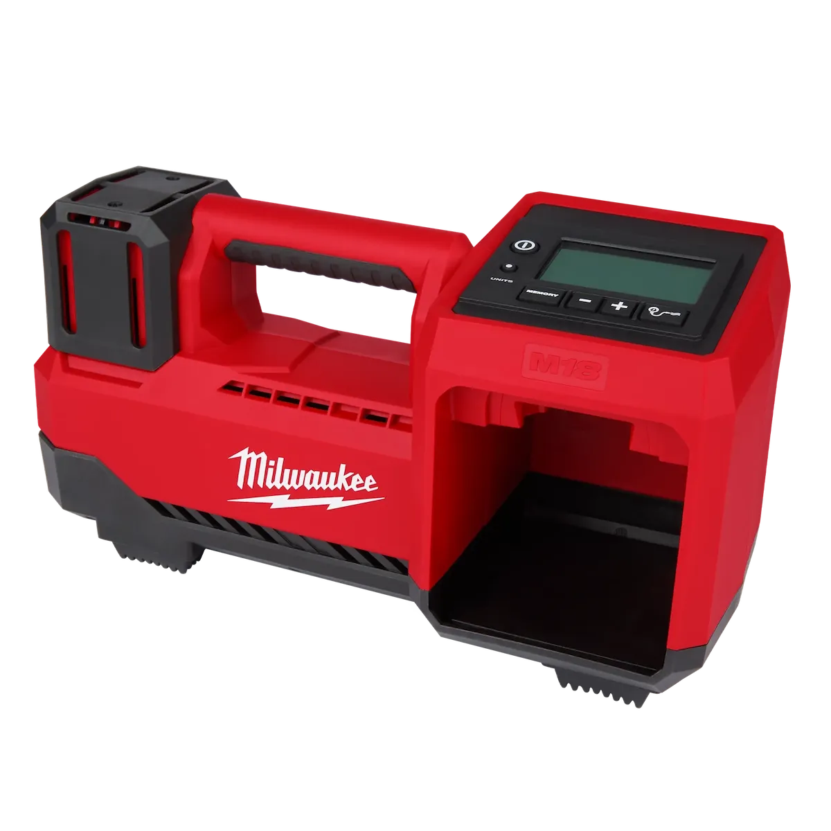 Milwaukee M18 cordless tire inflator with display, handle, and battery bay