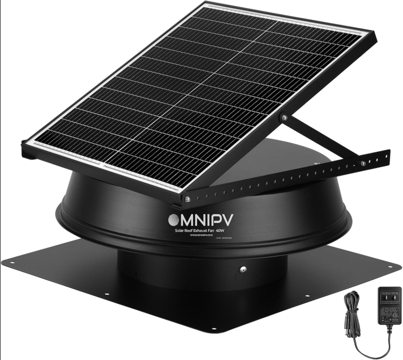 OmniPV 40W solar hybrid attic fan with adjustable panel and AC adapter.