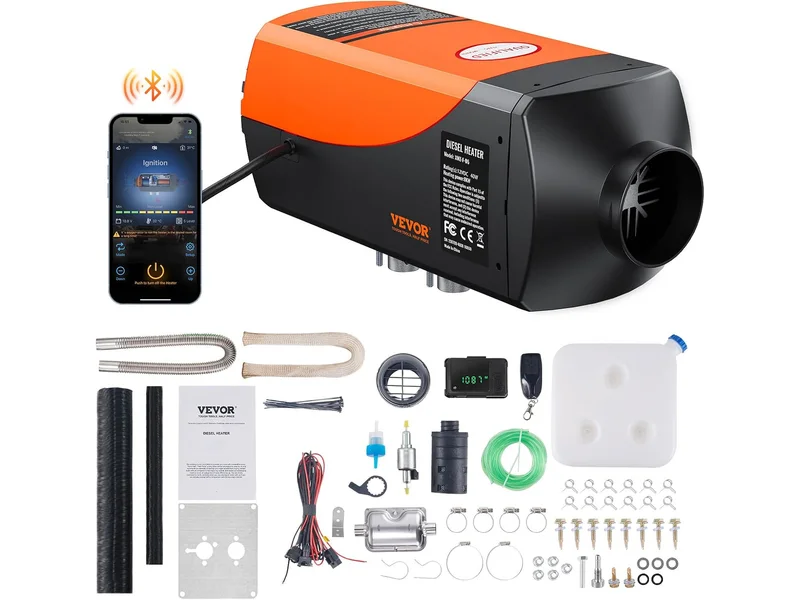 VEVOR parking diesel heater with separate fuel tank, display, remote, ducting, pump, and mounting hardware