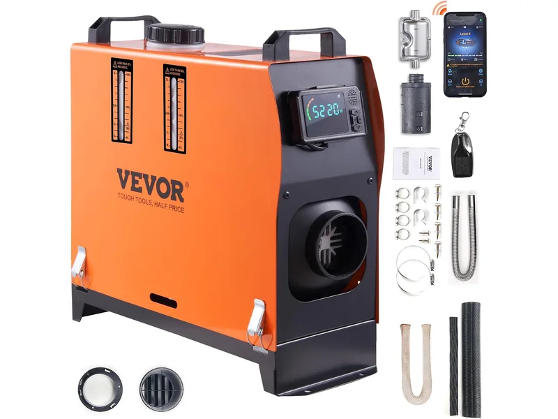 Orange VEVOR vertical all-in-one Bluetooth diesel heater with its remote, ducting, and installation accessories