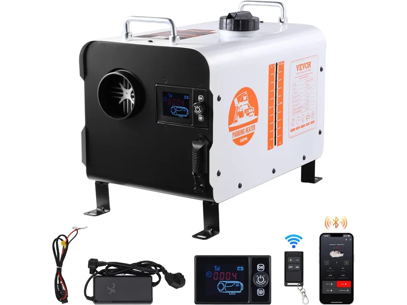 White VEVOR ZM8006 all-in-one diesel heater with display, remote, power adapter, and app control